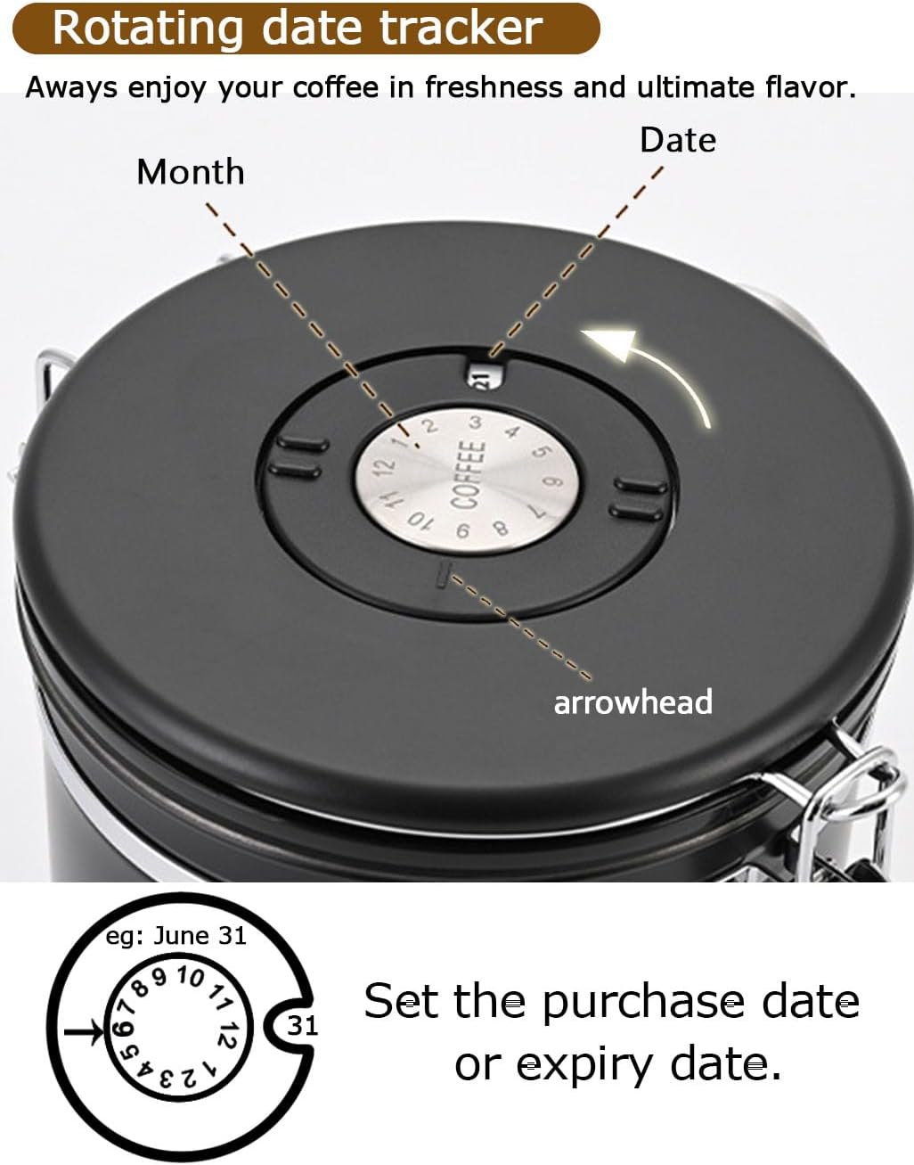 Coffee Canister Airtight Storage Container Stainless Steel Coffee Jar with Scoop,Date Tracker CO2 Release Valve for Dry Food Beans Ground Tea Flour Cereal and Sugar