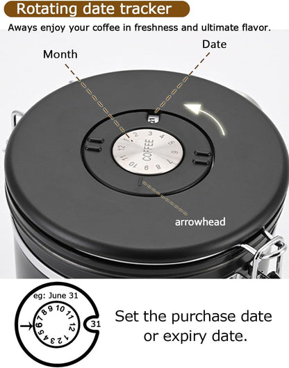 Coffee Canister Airtight Storage Container Stainless Steel Coffee Jar with Scoop,Date Tracker CO2 Release Valve for Dry Food Beans Ground Tea Flour Cereal and Sugar