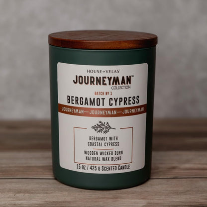 Journeyman Collection Candle, 15oz, Wooden Wick, Bergamot Cypress, Large Painted Jar