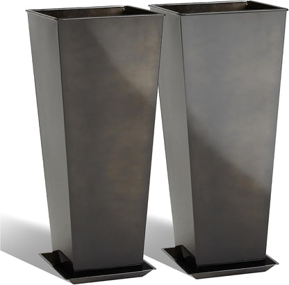 KOL 25''H. Bright Glazed Planter with Drainage Hole, Set of 2, Tall Galvanized Steel Planter Pots with Saucer for Indoor & Outdoor Use, Decorative Flower Plant Pots for Porch, Patio, Deck - Black