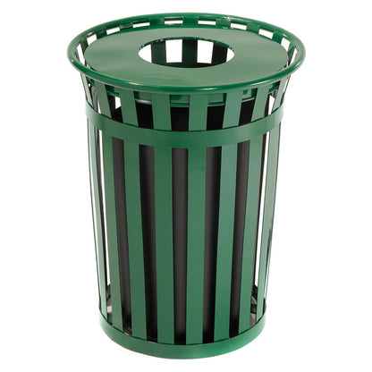 Global Industrial 36 Gallon Outdoor Slatted Steel Round Trash Can with Flat Lid, Plastic Liner & Anchor Kit Included, 28" W x 36" H, Commercial & Industrial Trash Can, Green