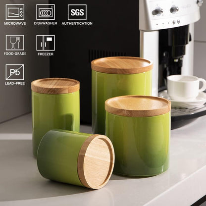 Sweejar Ceramic Food Storage Jar, Stackable Kitchen Canisters, Containers with Airtight Seal Wooden Lid for Serving Ground Coffee, Tea, Sugar, Salt and More - 28 Fl Oz (Gradient Green)