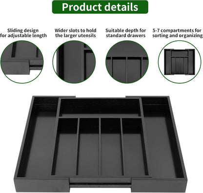 VaeFae Bamboo Drawer Organizer, Expandable Silverware Drawer Organizer, Cutlery Tray with Dividers for Kitchen Utensils (Black, Medium)