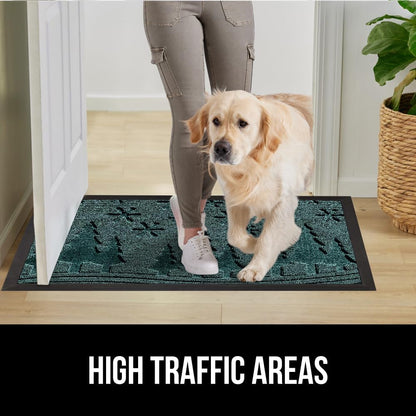 GORILLA GRIP 100% Waterproof All-Season WeatherMax Doormat 35x23, US Designed Natural Rubber, Stain and Fade Resistant, Low Profile Indoor Outdoor Door Mats, Easy Clean Patio Mat, Green Snowscape