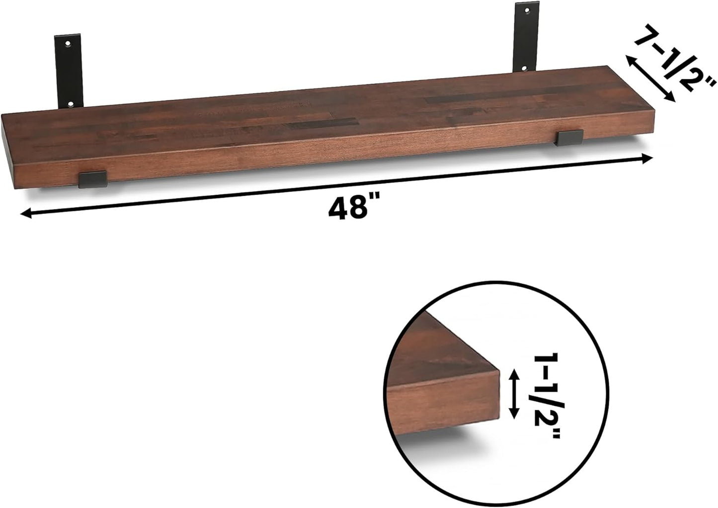 CONSDAN Floating Shelves for Wall Mounted Book Shelf Hanging Shelves Floating Bookshelf for Bedroom, Bathroom, Living Room, Kitchen USA Grown Solid Hardwood, Dark Maple 48x7.5x1.5 in (Set of 3)