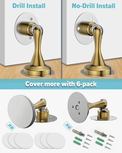 Door Stoppers Magnetic Door Catch - 6 Pack Stainless Steel Heavy Duty Door Stops for Bottom of Door, Wall & Floor Mounting No-Drill Strong Adhesive & Screws, Strong Door Holder to Keep Door Open,Gold