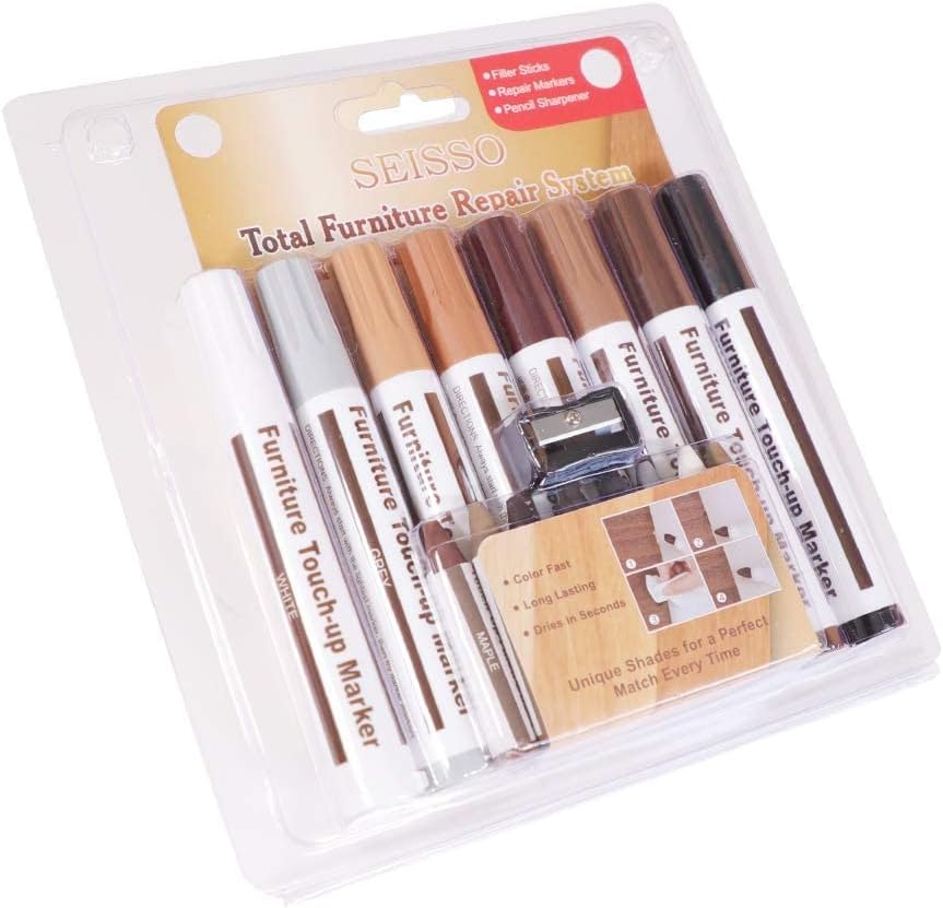 DEWEL Furniture Markers Touch Up, Upgrade Wooden Furniture Repair Kit, Premium Wood Scratch Repair Markers and Wax Sticks for Wood Stains Scratches Hardwood Floors Tables, Set of 17