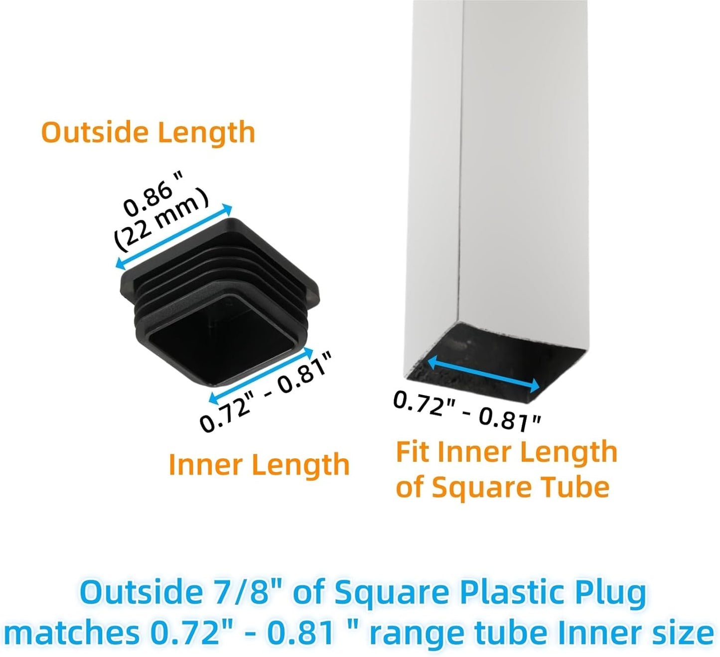 Furnigear Plastic Plugs Tubing End Cap Chair End Caps Outside Bottom Tubing Caps Square Furniture Sliders Glides Black (40, Fit 0.72-0.81" Square Tube Inner Size)
