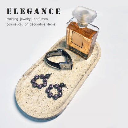 JINGJU Turkish Travertine Oval Tray 10x5 Inches, Natural Stone Decorative Tray for Jewelry, Candle, Bathroom Counter, Coffee Table