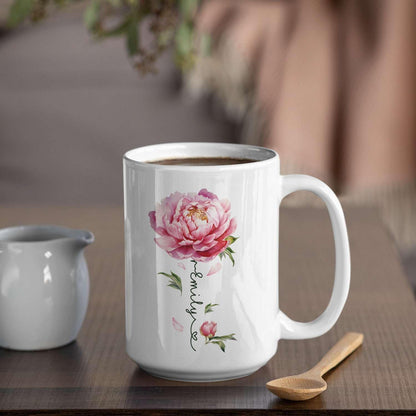 Flower Design Mug With Custom Name, Unique Peony Flower Ceramic Cup, Customized Flower Lover Coffee Mug, Personalized Peony Themed Decorative Cup, Novelty Peony Accent Mug 11oz 15oz