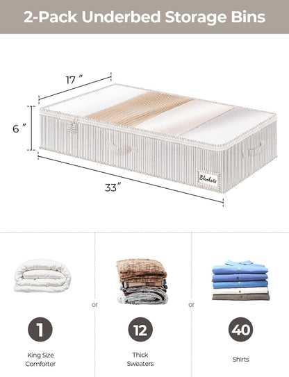 StorageWorks Large Under Bed Storage Containers with Handles and Label Holder, 2 Pack Ultra-thick Fabric Underbed Bins, Closet Organizer for Clothes, Blankets, Sweater