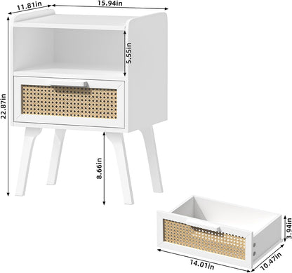 Lerliuo Rattan Nightstands Set of 2, Bedside Table with Drawer Open Shelf, Cane Accent Side End Table with Solid Wood Legs, White Mid Century Night Stand for Bedroom, Dorm and Small Spaces
