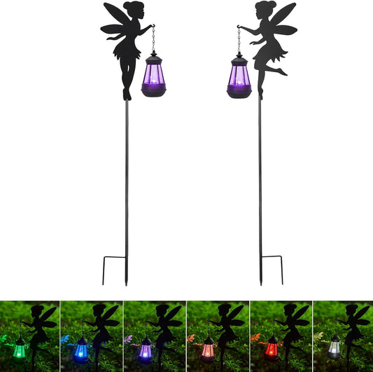 Fairy Garden Accessories Lawn Ornaments 1 Pair - Solar Lights Halloween Decorations Outdoor Garden Statue, Metal Stakes Decorative Figurines for Yard Decor, Patio (Type B Color-Shifting Lighting)