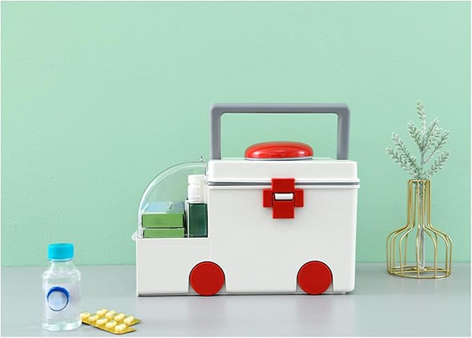Storage Box, Portable Ambulance Shaped Emergency Aid Kit Organizer with Handle for Home, Travel and Medical Supplies Storage