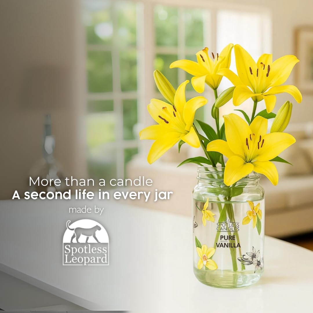 Vanilla Candle 22oz 16" x 9" Reusable Jar Candle 130 Hours Long Burn Time with Wooden Wick in Presentation Gift Box & Protective Shipper Spotless Leopard