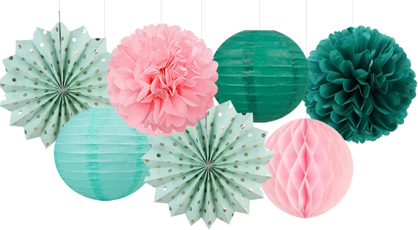 Sage-Green Pink-Gold Baby-Shower Party Decorations - 14pcs Teal Wedding Paper Lanterns Fan,Tissue Pom Poms Streamers,Honeycomb Balls,Birthday Bachelorette Engagement Bridal Decor Lasting Surprise