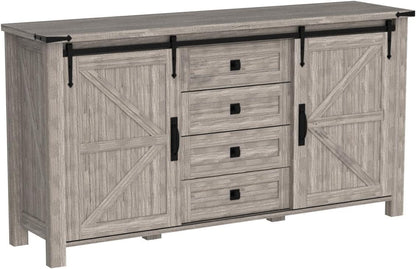 T4TREAM 60'' Farmhouse Dresser Chests for Bedroom w/4 Drawers & Sliding Barn Doors, Tall Chest of Drawers, Rustic Dresser TV Stand,Organizer for Bedroom, Living Room, Light Rustic Oak