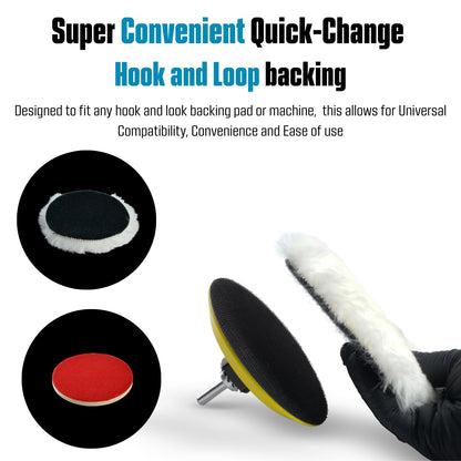 LINE10 Tools 5-Inch Wool Polishing Kit for Drill or Angle Grinder or Orbital, Includes 5 Hard Felt, 5 Soft Wool Buffing Pads with Hook and Loop, Drill Adapter Attachment, Small Car Buffer Auto Glass