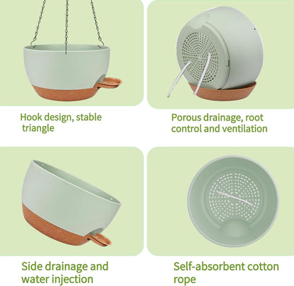 2 Pack Hanging Planters for Indoor Outdoor Plants, 12 Inch Self Watering Hanging Pot with Drainage Holes and Saucer, Plastic Plant Pots, Green Brown Flower Pots for Kitchen, Balcony, Garden