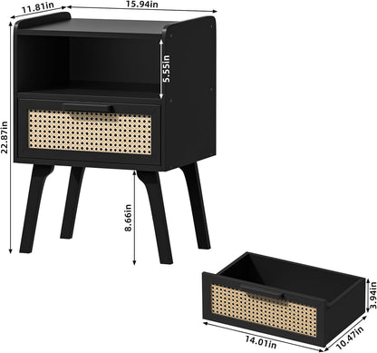 Lerliuo Rattan Nightstand, Bedside Table with Drawer Open Shelf, Cane Accent Side End Table with Solid Wood Legs, Black Mid Century Night Stand for Bedroom, Dorm and Small Spaces