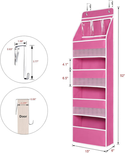 Univivi 5-Shelf Fabric Door Storage Over Door Hanging Organizer with 4 Large Pockets and 3 Small PVC Pockets Nursery Closet Cabinet Wall Mount Hanging Storage Organizers for Baby Nursery (Pink)