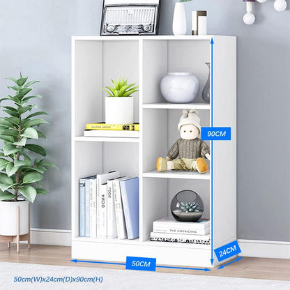 IOTXY Open Shelf Low Bookcase - Wooden 3-Tier Floor Standing Display Cabinet Organizer with Base, 5 Cubes Short Horizontal Bookshelf in Warm White