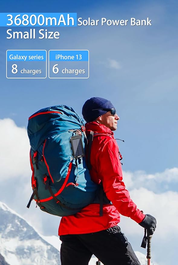 WONGKUO Solar Charger Power Bank - 36800mAh Solar Phone Charger, QC3.0 Fast Charger with LED Flashlight, IP65 Waterproof Portable Power Bank for Outdoor Activities (Blue)