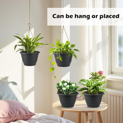 Hanging Planters 10 Inch, 4 Pcs Flower Pots with Drainage Hole, Self Watering Hanging Basket for Indoor Outdoor Plants, Decor, Gray