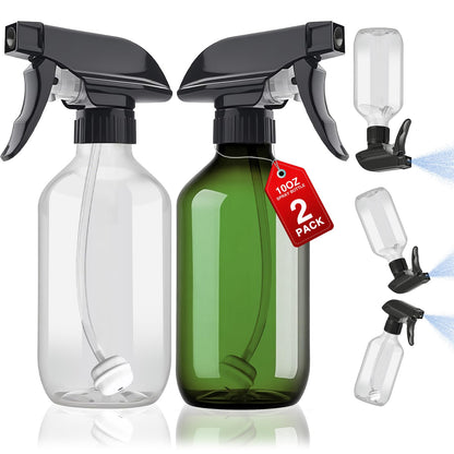 2 Packs Plastic Spray Bottles 360° Water Spray Bottle for Cleaning - 10 oz/300 ml Upside Down Spray Bottle Small Squirt Bottle with Adjustable Nozzle for Hair, Cooking, Plant, Pet (Clear + Green)