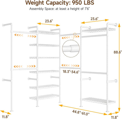 ONBRILL L4 Wall Mounted Industrial Pipe Clothing Rack, Closet Organizer System with 6 Hanging Clothes Rods ( 4 Expandable Rods) & 8 Shelves, Heavy Duty Corner Garment Rack, Large Wardrobe - White