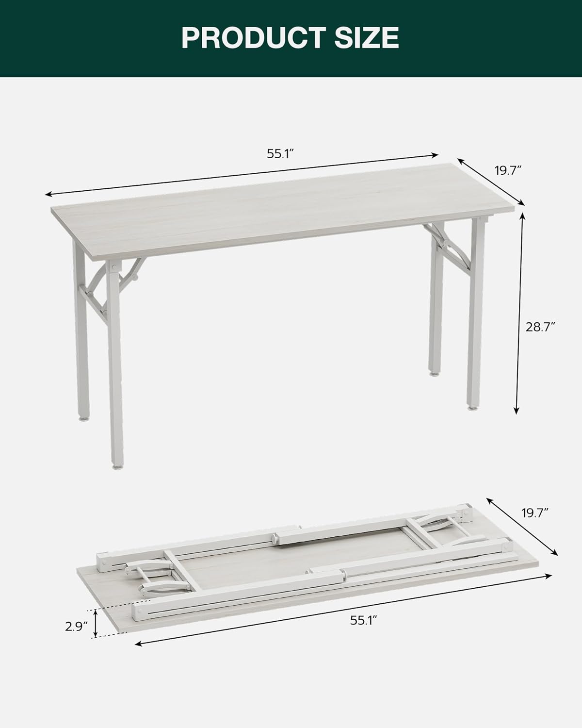 Frylr Small Folding Computer Desk – Portable 55.1 Inch Foldable Laptop Table, Collapsible and Compact for Easy and Fast Setup, Lightweight for Small Spaces, Home Craft and Study Use, White Ash