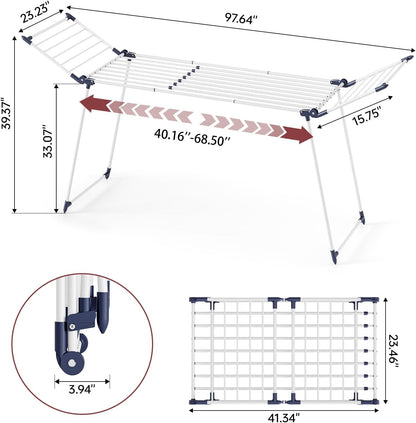 APEXCHASER Clothes Drying Rack Foldable, Large Drying Rack for Clothing Retractable, Winged Laundry Rack Folding Indoor Outdoor, Metal Clothes Airer for Bedding Towel Sweater Heavy Duty, White