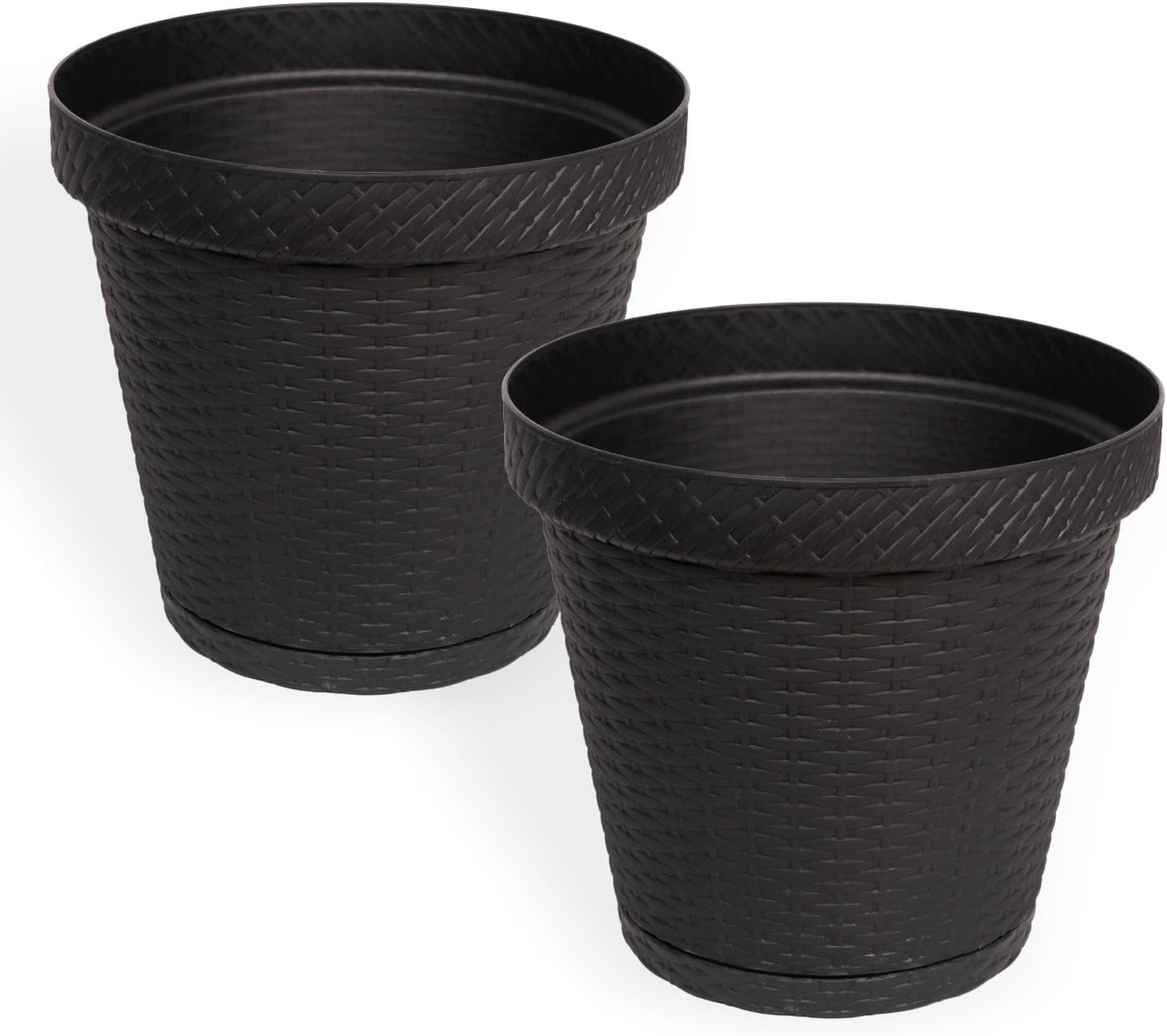 Elly Décor Set of 2 10 inch Round Saucer Modern Self Watering Planter Plates, Pots with Rattan-Like Finish, 10x10 Onix Gray