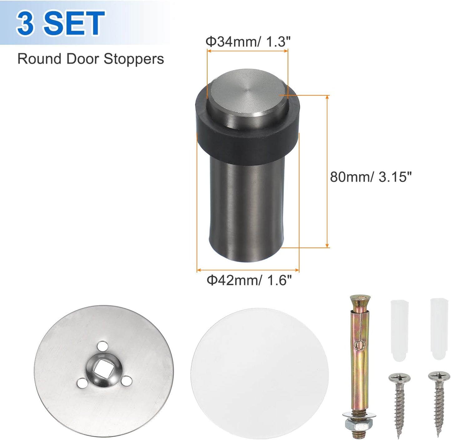 PATIKIL 3Set Round Door Stoppers, 80mm Stainless Steel Door Stop Doorstop Wedge Metal Cylinder Self Adhesive with Screw for Bottom of Door Floor Inside, Gold Tone