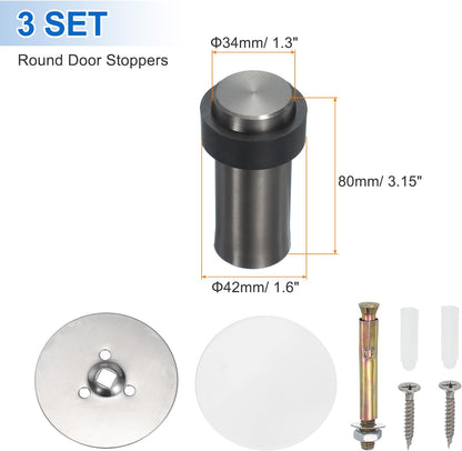 PATIKIL 3Set Round Door Stoppers, 80mm Stainless Steel Door Stop Doorstop Wedge Metal Cylinder Self Adhesive with Screw for Bottom of Door Floor Inside, Gold Tone