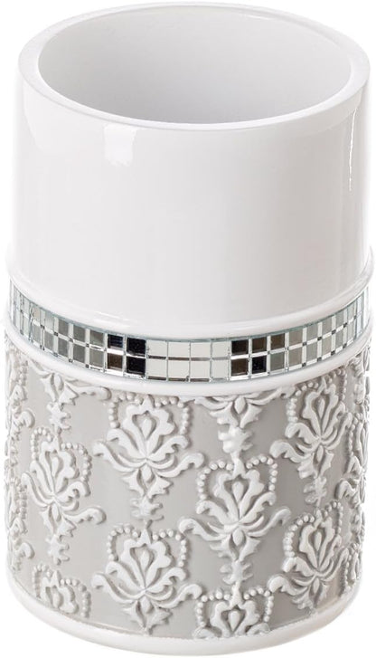 Creative Scents Mirror Damask Bathroom Cup - Electric Toothbrush and Toothpaste Holder for Bathroom, Gray & White Tooth Brush Holder Tumbler Cup for Toothbrushes, Toothpaste, Makeup Brushes or Rinsing