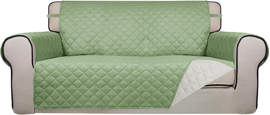PureFit Reversible Quilted Sofa Cover, Water Resistant Slipcover Furniture Protector, Washable Couch Cover with Non Slip and Elastic Straps for Kids, Dogs, Pets (Oversized Loveseat, Sage Green/Ivory)
