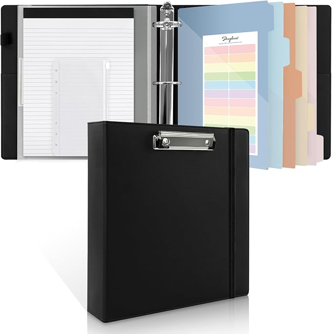 SKYDUE 3 Ring Binder with Clipboard, 2 Inch PU Heavy Duty Binder with Notepad & 5 Dividers with 5 Pockets, Labels, Clipboard Folder Great for School Office(Fit Letter Sized Paper)