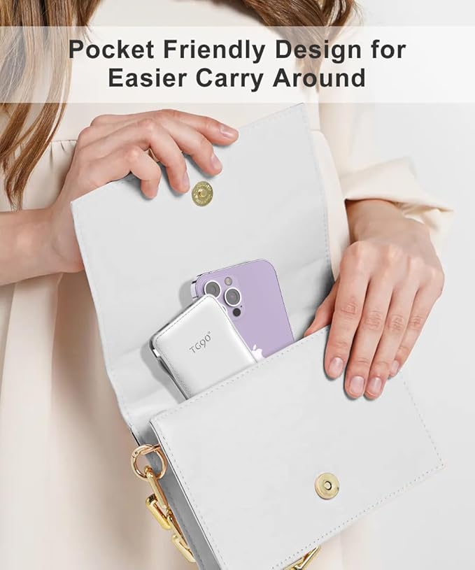 TG90° 10000mAh Power Bank Built-in Cables, Pocket Size USB C Portable Charger, 3A Fast Charging External Battery Pack, Travel Essential Phone Powerbank Compatible with iPhone Samsung iPad White