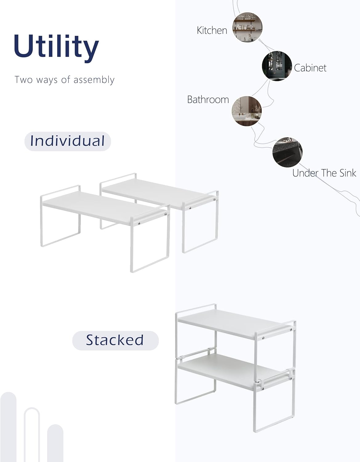 Nxconsu 2Pack Cabinet Shelves Stackable Shelf Organizer Rack Riser for Kitchen Cabinet Pantry Cupboard Counter Countertop Home Organization Storage Space Saver Heavy Duty Metal Nonslip White