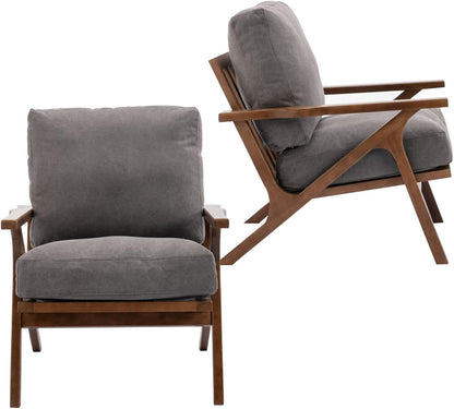 HNY Set of 2 Mid Century Accent Chair, Upholstered Armchair with Wood Frame and Canvas Cushions, Leisure Reading Chair Slipper Chair for Living Room, Bedroom, Gray
