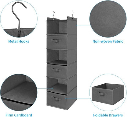 MAX Houser 6 Tier Shelf Hanging Closet Organizer, Closet Hanging Shelf with 2 Sturdy Hooks for Storage, Foldable (Grey-D3)