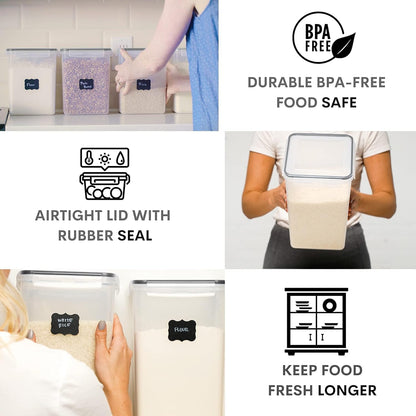 WHITE FEATHER SUPPLIES 4 Pc Flour Sugar Storage Container, Large Food Storage Containers with Lids Airtight for Kitchen, BPA Free Plastic Cereal Containers Storage [2 X 6.5 + 2 X 5.2] 4 Measuring Cup