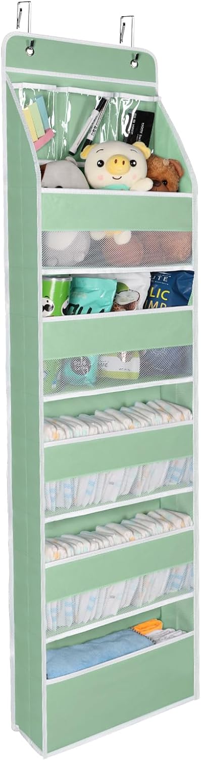 Univivi 6-Shelf Over Door Hanging Organizer Fabric Baby Door Storage with 5 Large Pockets and 3 Small PVC Pockets Wall Mount Hanging Storage Organizers for Baby Essential (Green)