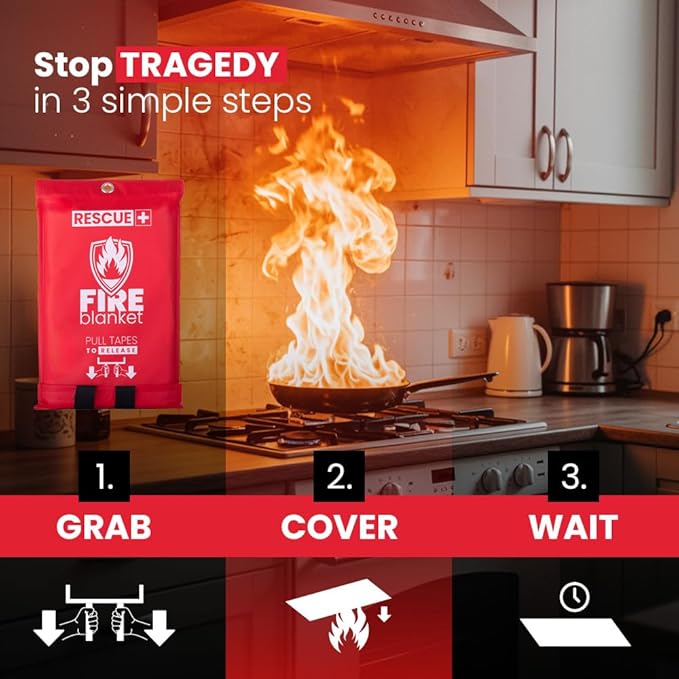 Rescue+ Emergency Fire Blanket for Home, Kitchen, Workplace & Travel, 40” x 40” Fiberglass Flame Retardant Safety Blanket, Fire Suppression for House, Camping, Car Emergencies - Pack of 4