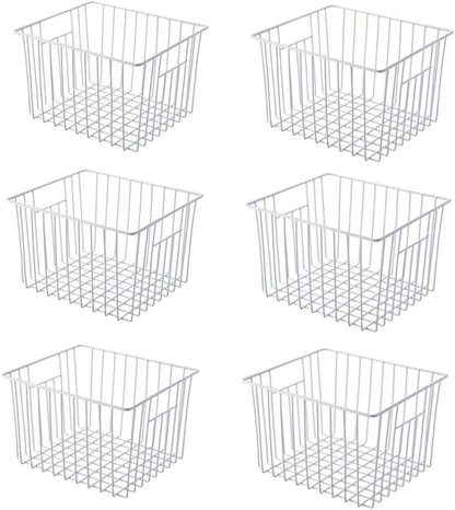 Slideep 11'' Farmhouse Freezer Food Storage Organizer Baskets Modern Refrigerator Metal Wire Basket Bin with Built-in Handles for Kitchen, Pantry, Bathroom, Cabinets, White -Set of 6