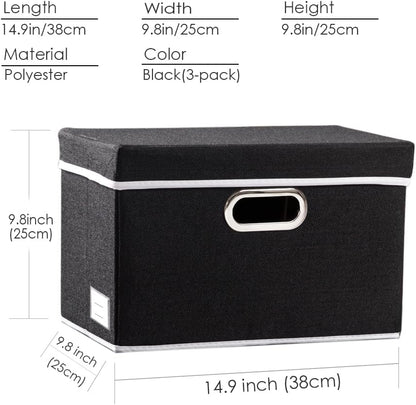PRANDOM Foldable Storage Bin with Lid [5-Pack] Linen Fabric Decorative Storage Box Organizer Container Basket Cube with Handles Divider for Closet Office Living Room Black(14.9x9.8x9.8)