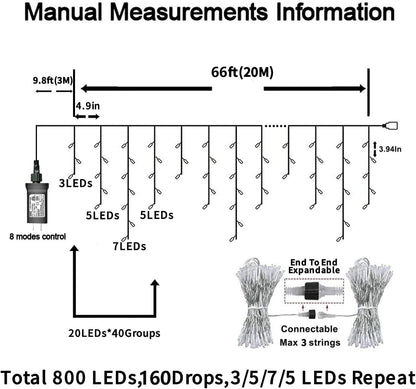YEGUO 66ft 800 LED Christmas Lights Outdoor Waterproof, 160 Drops Christmas Icicle Light Indoor, 8 Modes Icicle Xmas Lights with Memory Timer(Multicolor)