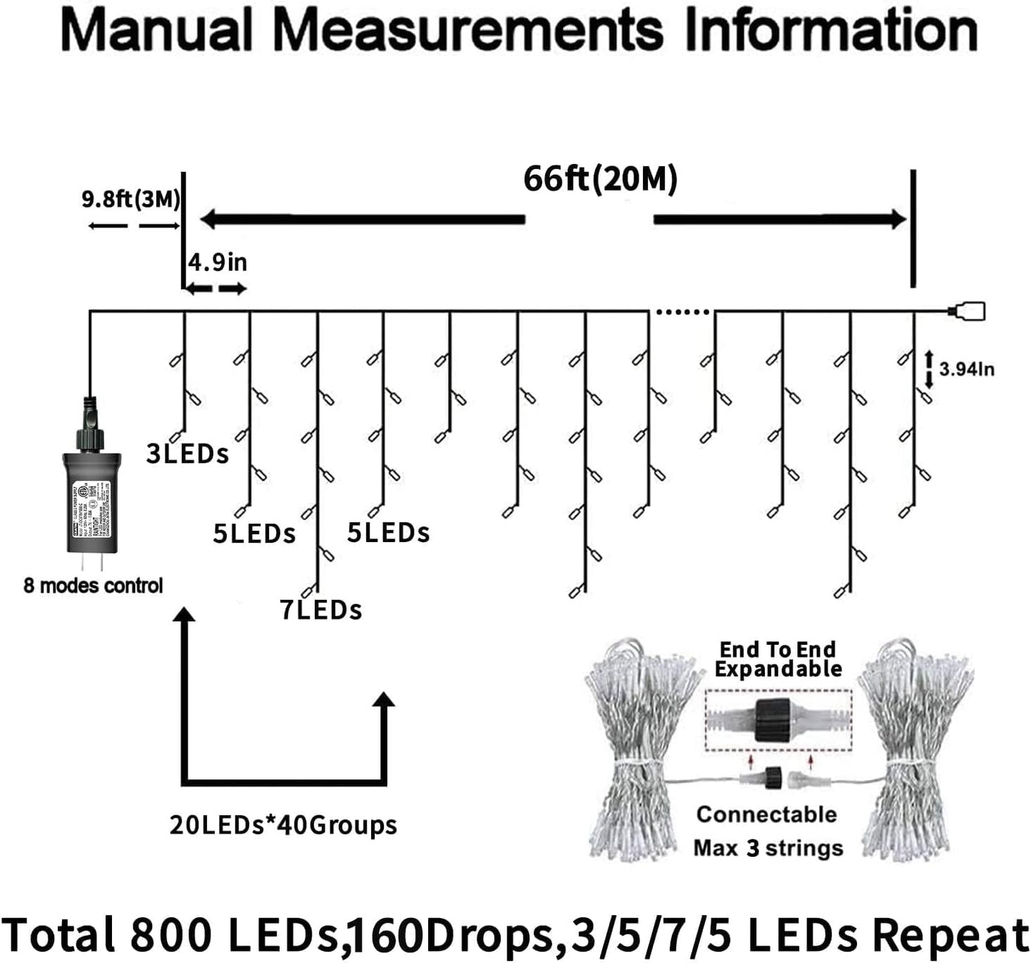 YEGUO 66ft 800 LED Icicle Lights Outdoor, 160 Drops Icicle Christmas Light Connectable, 8 Modes Warm White Xmas Icicle Lights with Memory Timer