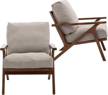 HNY Set of 2 Mid Century Accent Chair, Faux Leather Upholstered Armchair with Wood Frame and Canvas Cushions, Leisure Reading Chair Slipper Chair for Living Room, Bedroom, Beige